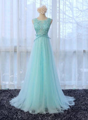 Light Blue Round Neckline Long Lace and Tulle Formal Dresses, Pretty Formal Dresses
