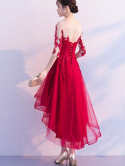 Wine Red High Low 1/2 Sleeves Tulle Prom Dress, Beautiful Homecoming Dresses