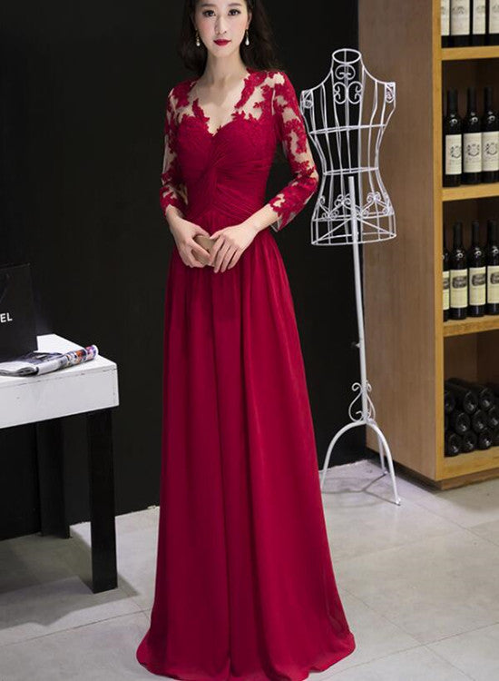 Elegant Long Wine Red Applique A-line Senior Prom Dress, Charming Formal Gown