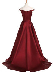 Burgundy Off Shoulder Satin Handmade Formal Gown, Beautiful Senior Prom Dress