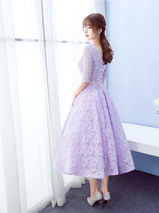 Beautiful Lace Short Sleeves Tea Length Wedding Party Dress, Cute Prom Dress