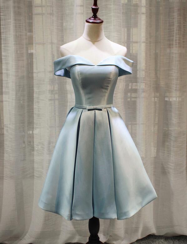 Light Blue Off Shoulder Knee Length Bridesmaid Dress, High Quality Prom Dresses