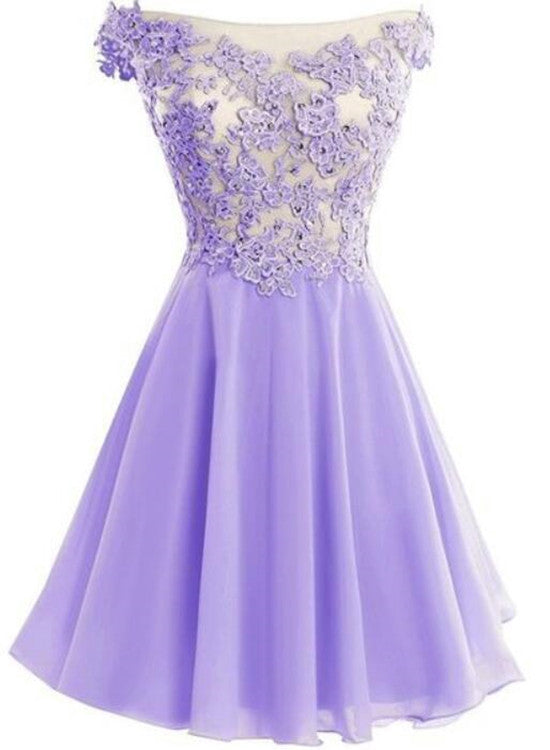 Lavender Chiffon Cap Sleeve Off Shoulder Short Party Dress, Lovely Formal Dress