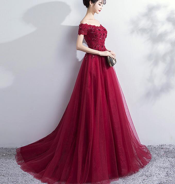 Wine Red Off Shoulder Tulle and Lace Evening Gowns, Beautiful Formal Dresses