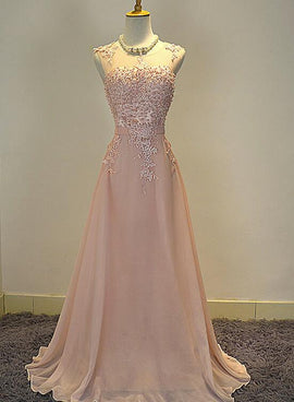 Beautiful Light Pink Chiffon Pearls Long Formal Dress, Handmade Pink Formal Gowns