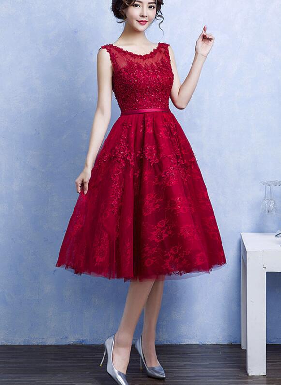 Pretty Handmade Knee Length Dark Red Lace Junior Party Dress, Beautiful Tulle Dress Pretty Handmade Knee Length Dark Red Lace Junior Party Dress, Beautiful Tulle Dress