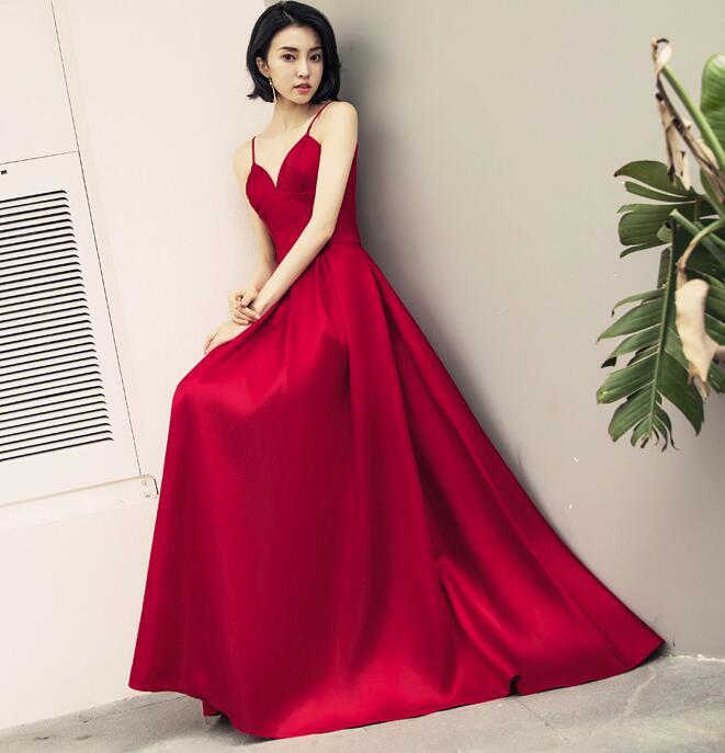 Dark Red Straps Beautiful Satin Prom Dress , Red Party Gowns