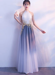 Halter Tulle Gradient Long Evening Gown with Lace Applique, Charming Formal Dress
