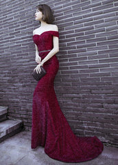 Sexy Dark Red Mermaid Off Shoulder New Party Dress , Long Formal Gowns