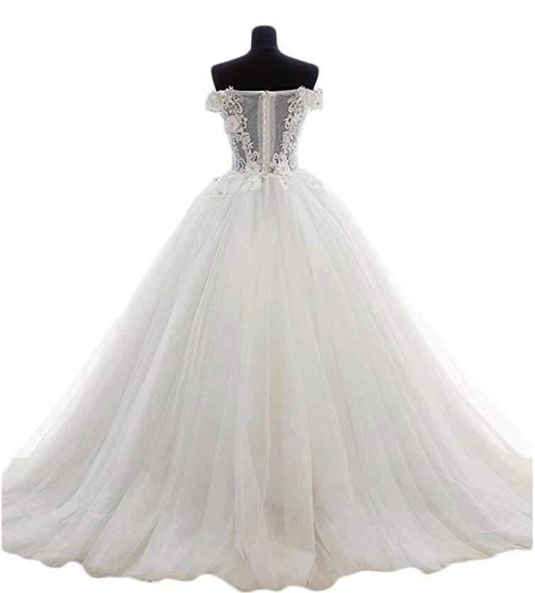 White Tulle and Lace Applique Off Shoulder Wedding Gown, Beautiful Swe ...