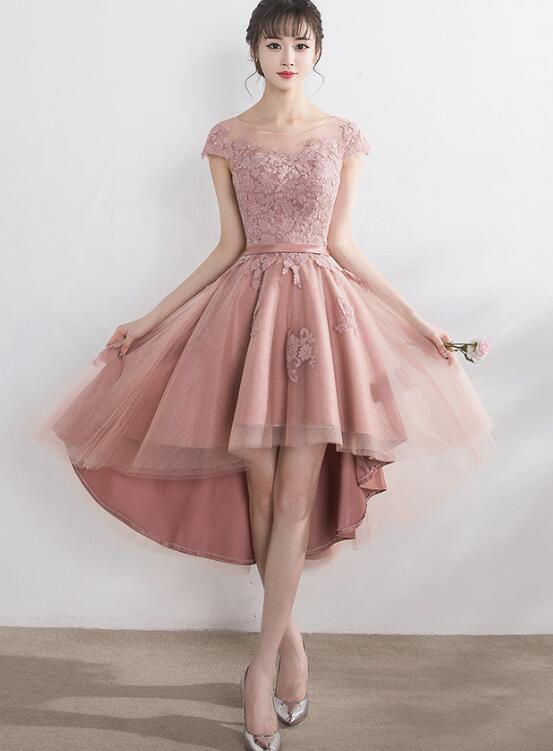 Dark Pink High Low Tulle with Applique, Lovely Party Dress, Formal Gowns