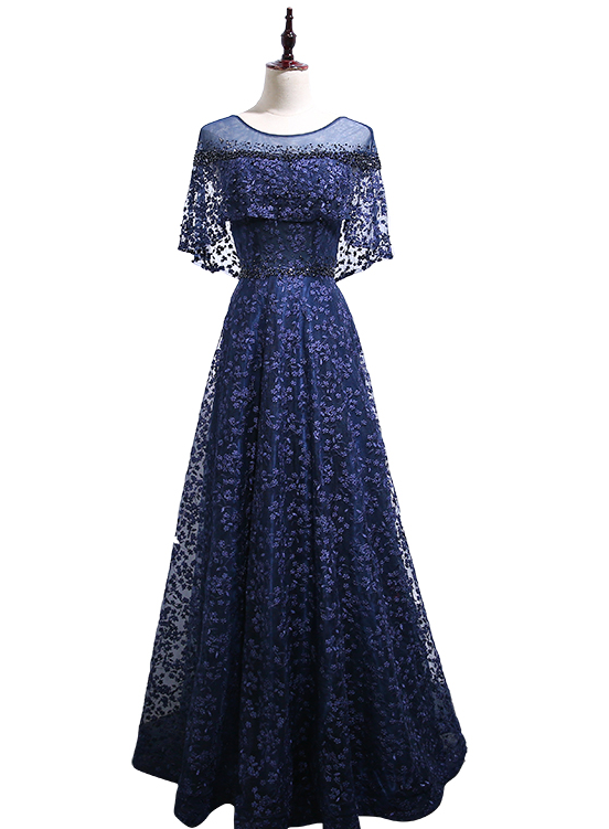 Beautiful Navy Blue Lace Long Party Gown, Floor Length Bridesmaid Dresses