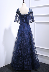 Beautiful Navy Blue Lace Long Party Gown, Floor Length Bridesmaid Dresses