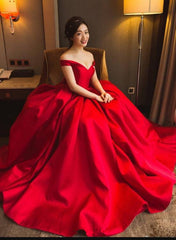 Beautiful Red Satin Off Shoulder High Quality Handmade Formal Dress, Red Evening Gowns