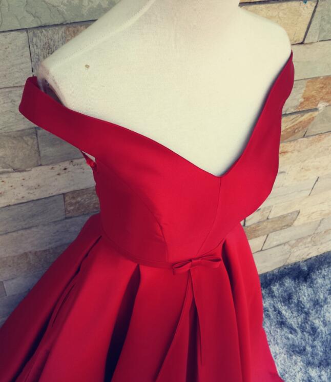 Beautiful Red Satin Off Shoulder High Quality Handmade Formal Dress, Red Evening Gowns
