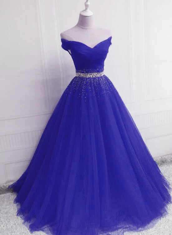Gorgeous Royal Blue Tulle Off Shoulder Party Gown, Blue Formal Dress ...