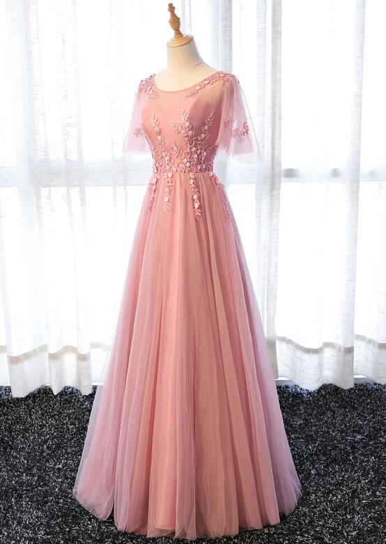 Pink Tulle Elegant Party Dress Long, Handmade Formal Gowns , Prom Dress