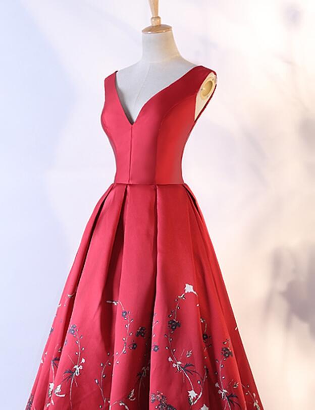 Red Satin Flowers Beautiful V-neckline Party Dress , Charming Formal Gown