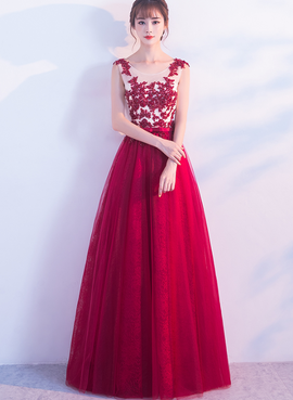 Beautiful Wine Red Tulle Long Party Gowns, Dark Red Applique Floor Length Prom Dress