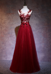 Beautiful Wine Red Tulle Long Party Gowns, Dark Red Applique Floor Length Prom Dress