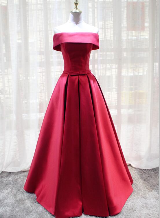 Red Satin Off Shoulder Handmade Long Formal Dress, Red Party Dress