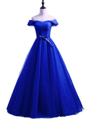 Blue Tulle Off Shoulder Sweetheart Floor Length Party Dress, Handmade Formal Dress
