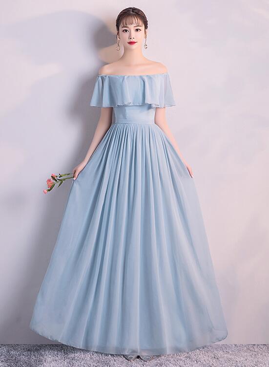 Light Blue-Grey Off Shoulder Chiffon Long Bridesmaid Dress , Simple Bridesmaid Dresses