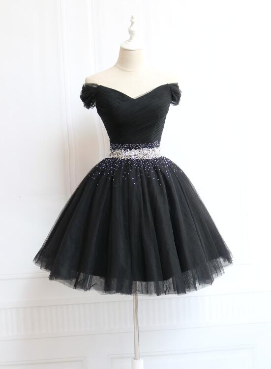 Beautiful Black Knee Length Off Shoulder Beaded Homecoming Dresses, Little Black Dresses Beautiful Black Knee Length Off Shoulder Beaded Homecoming Dresses, Little Black Dresses