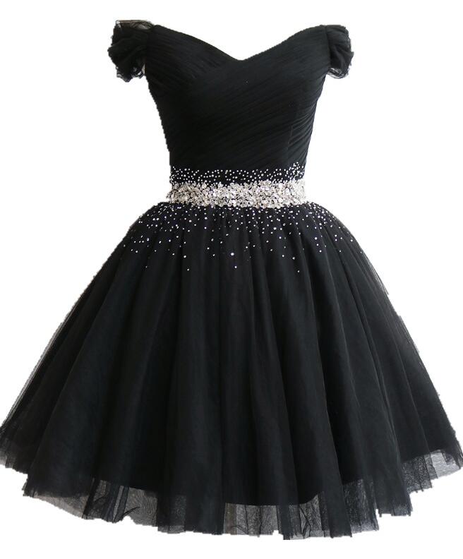 Beautiful Black Knee Length Off Shoulder Beaded Homecoming Dresses, Li ...