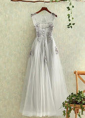 Elegant Grey Tulle Applique Formal Dress , Lovely Grey Prom Dresses