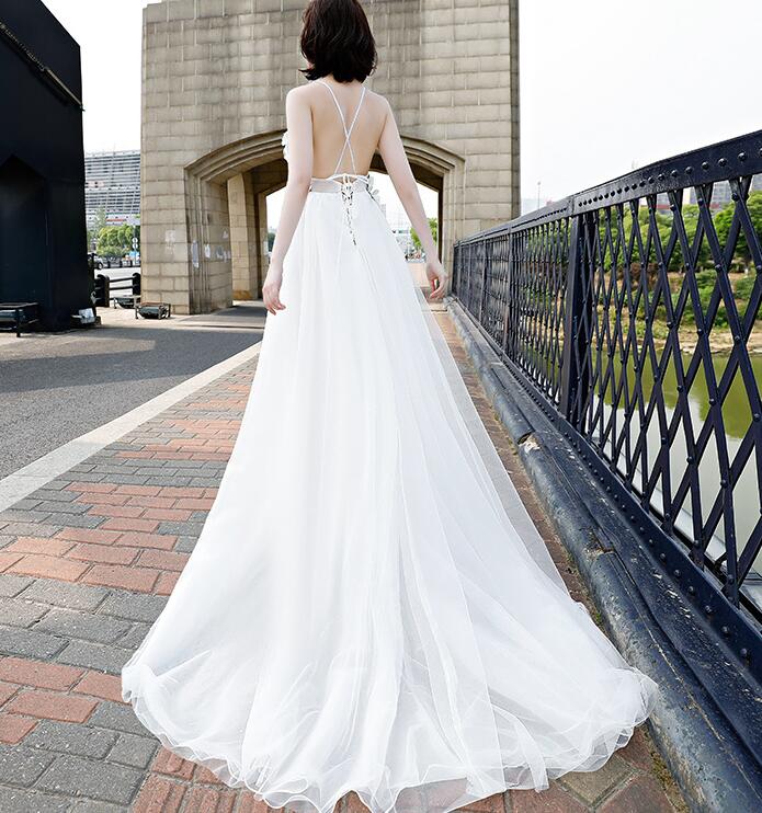 Beautiful White Straps Cross Back Long Tulle Formal Gown, Sexy Party Gown