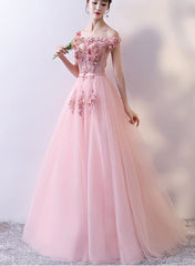Beautiful Pink Off Shoulder Tulle Party Dress , Long Formal Dresses
