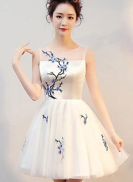 Beautiful White Short Tulle with Blue Embroidery Graduation Dress, New Formal Dress