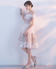 Cute Pink Round Neckline Flower Lace Short Party Dress, Pink Formal Dress  Short