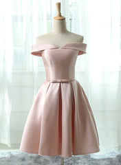 Pink Satin Off Shoulder Knee Length Party Dress, Cute Formal Dress