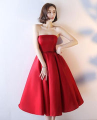 Red Satin Vintage Style Tea Length Evening Gown, Wedding Party Dress