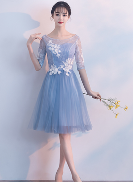 Blue short tulle bridesmaid dress