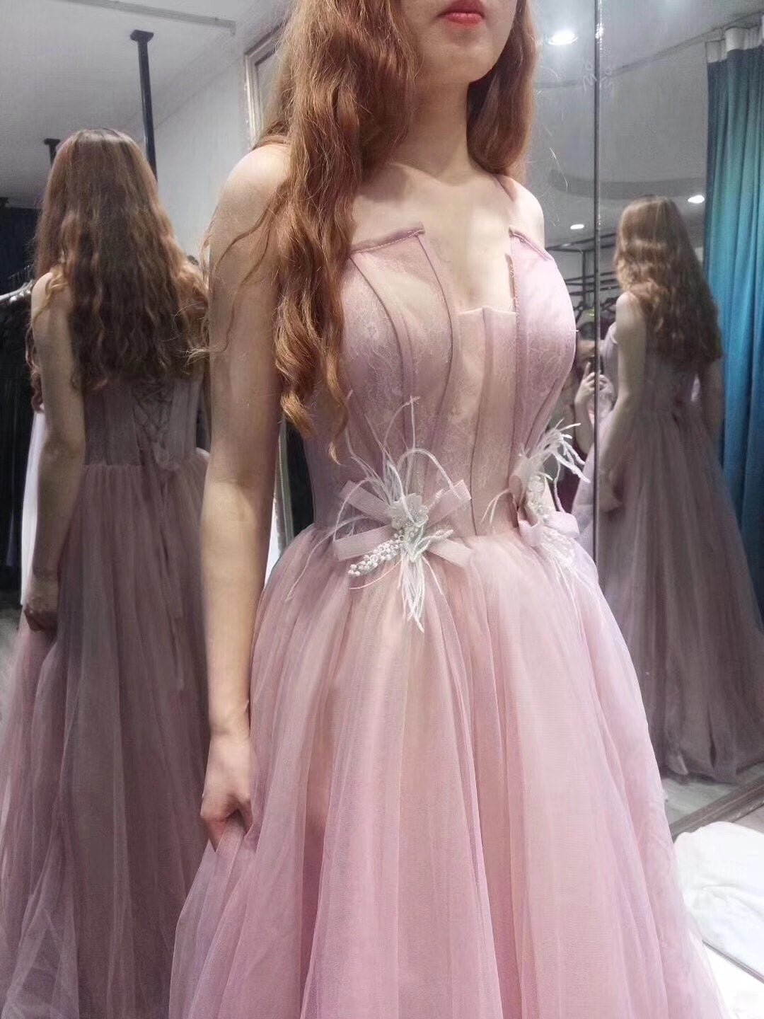 Charming Tulle Straps Long Formal Gown, Pink Elegant Party Dress