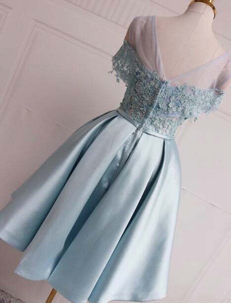 Cute Light Blue Satin Off Shoulder Party Dress, Knee Length Formal Dre