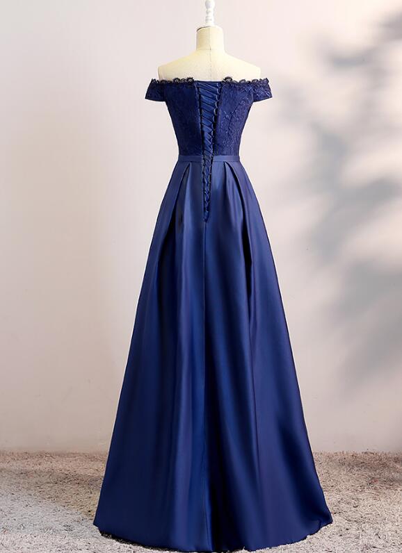 Simple Navy Blue Off Shoulder Bridesmaid Dress, Long Lace and Satin Fo Cutedressy Simple Navy Blue Off Shoulder Bridesmaid Dress, Long Lace and Satin Fo Cutedressy