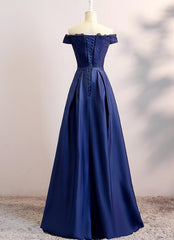 Simple Navy Blue Off Shoulder Bridesmaid Dress, Long Lace and Satin Formal Dress