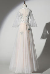 Lovely Tulle Champagne Long Party Dress with Lace Applique, Prom Gown