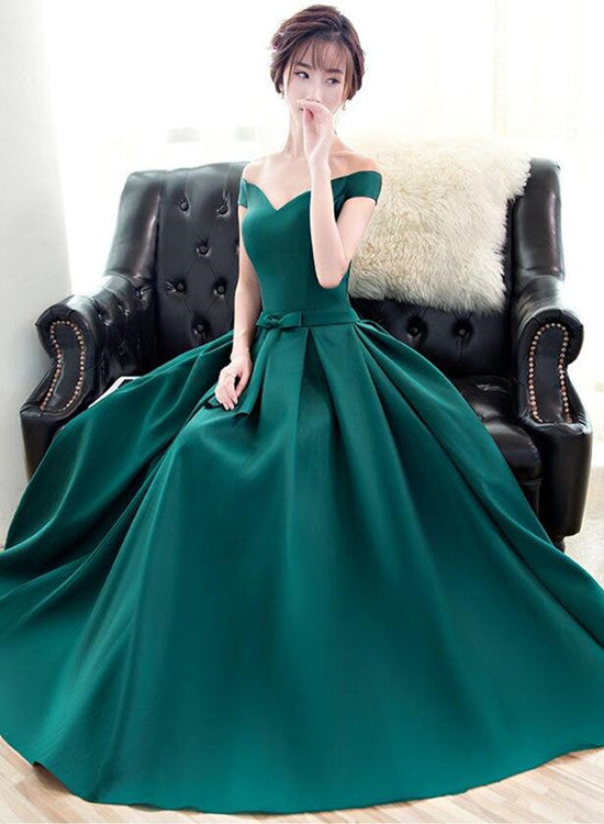 Dark Green Off the Shoulder Satin Long Party Dress, Long Formal Dress