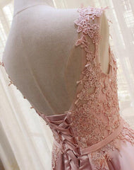 Beautiful Pink Satin V-neckline Party Gown , Handmade Lace Top Fashion Formal Dress