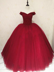 Gorgeous Red Off Shoulder Sparkle Sweet 16 Gown, Red Puffy Tulle Gown