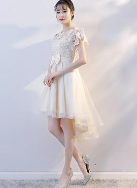 Lovely Champagne Tulle High Low Party Dress, Cute Lace Homecoming Dress with Bow