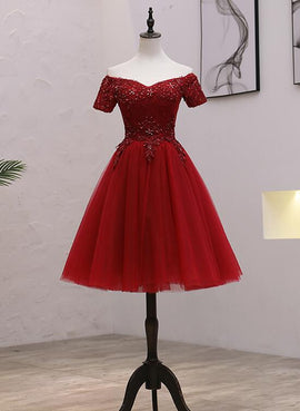 Tulle Dark Red Off the Shoulder Knee Length Homecoming Dress, Red Party Dress