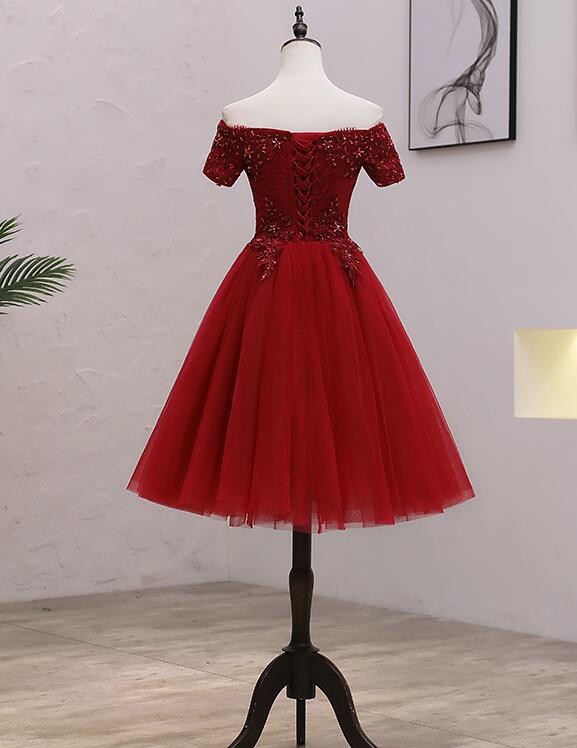 Tulle Dark Red Off the Shoulder Knee Length Homecoming Dress, Red Party Dress