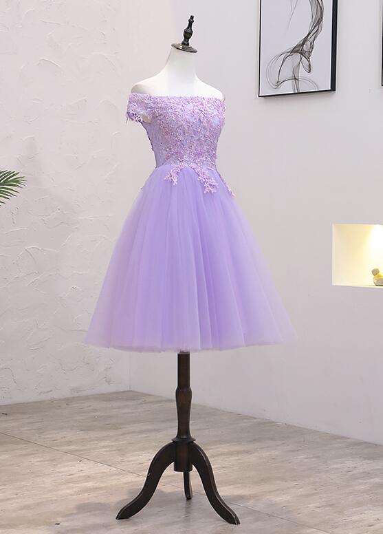 Light Purple Lace and Tulle Off the Shoulder Homecoming Dress, Short Party Dress