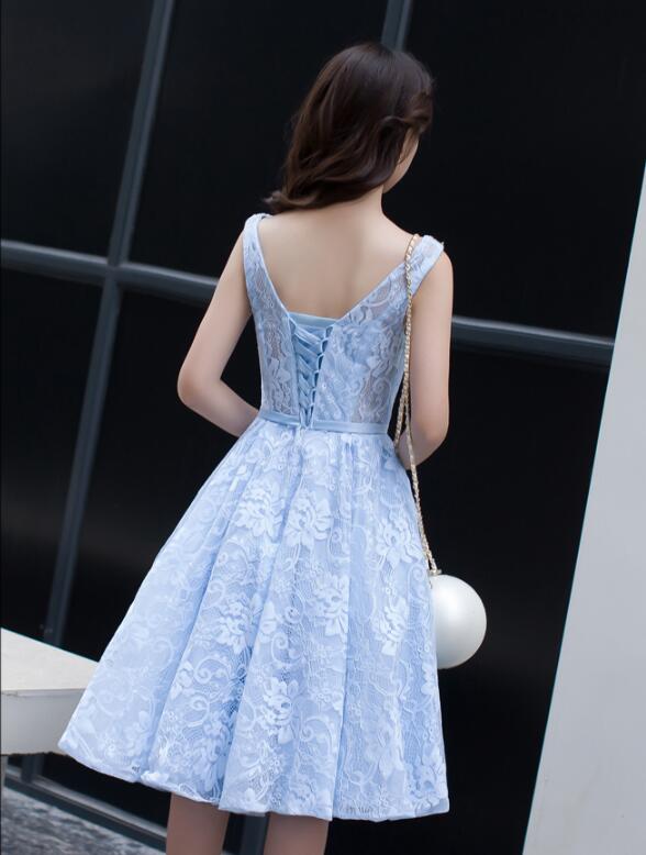 Light Blue Lace Knee Length Round Neckline Party Dress, Charming Blue